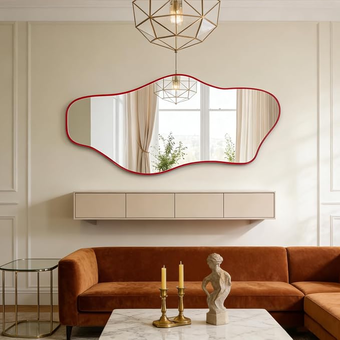 Irregular Mirror Full Length, 67"x31" Red Asymmetrical Tempered Glass Mirror, Large Organic Frameless Wall Mirrors for Entryway Hallway Bedroom Living Room, Horizontal or Vertical Hanging