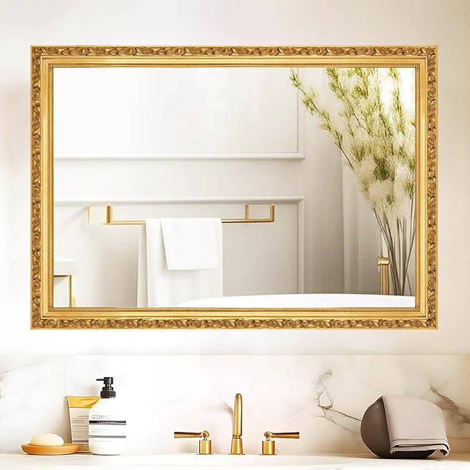 Gold Vintage Mirror, 40'' x 28'' Traditional Ornate Wall Mirrors with Antique Gold Frame, Decorative Mirrors for Living Room, Bathroom, Bedroom