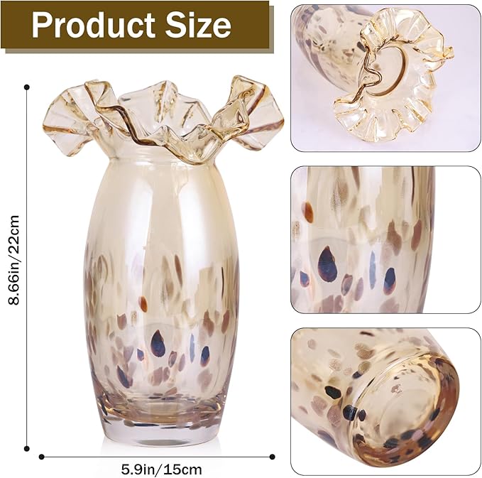 Hand Blown Amber Glass vase, Unique Glass Wide Mouth vase for Console Office TV Stand Coffee Table entryway Entrance Desktop Living Room Dining Table Centerpiece.