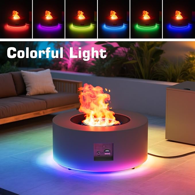 2-Piece 30" LED Round Propane Fire Pit for Outside Patio with Hidden Tank Table, 50,000 BTU Fireplaces with Lid, Glass Rocks, Cover(Dark Grey w/RGB Light)