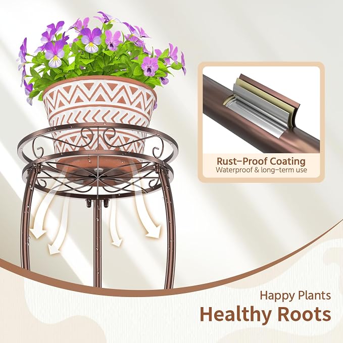 LASZOLA Bronze 3 Tier Tall Plant Stand for Indoor Outdoor, Large Multiple Level Flower Planter Holder Organizer Rack for Patio Office Bathroom Corner Floor, Sturdy Heavy Duty Metal, Vertical Display