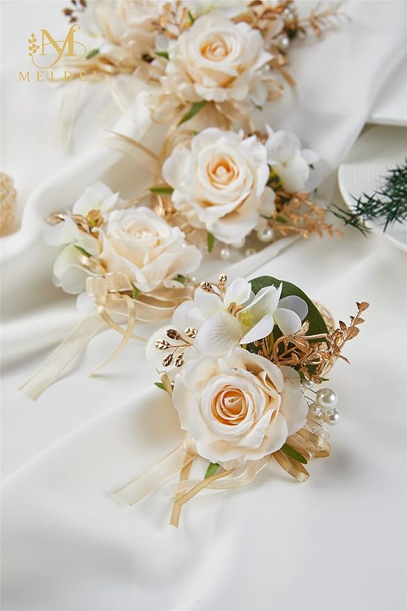 Meldel Champagne Boutonniere for Men Wedding, Set of 6, Groom and Groomsmen Boutonniere for Wedding Ceremony Anniversary Party, Rustic Fall Wedding, Artificial Rose Boutonnieres Prom Suit Decorations