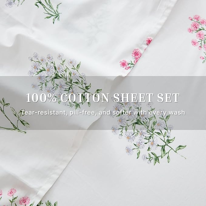 100% Cotton Sheet Set King Size – 4-Piece Chic Garden Floral White Bedding Set, Soft Breathable Percale Weave, Deep Pocket Fitted Sheet 17.5", Crisp Cool Feel, Refined Botanical Elegance
