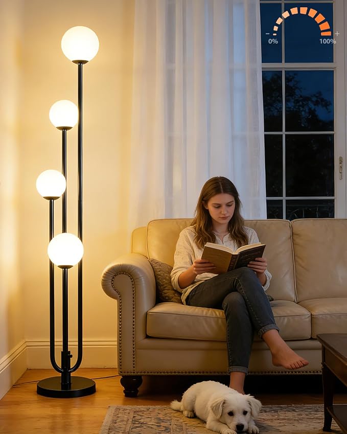 63IN 4-Light Dimmable Floor Lamp, Unique Black Tall Standing Lamps with Globe Shade &3000K Bulbs for Reading, Mid Century Modern Floor Lamp with 5Lbs Heavy Base for Living Room Bedroom Office