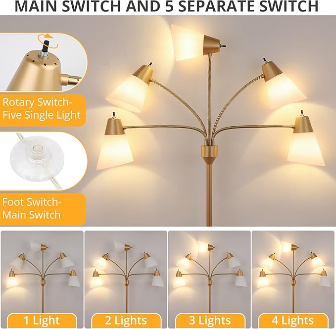 FOLKSMATE LED Floor Lamp, Medusa Multi Head Modern Tall Standing Lamps, Adjustable Corner Reading Floor Light for Living Room, Bedroom, Kids Room, White and Colored Lampshades, Brass Gold