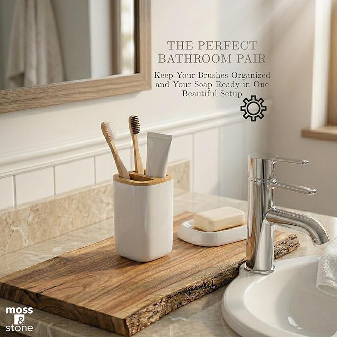 Moss & Stone 6-Piece Bathroom Accessories Set – White Plastic and Bamboo Bathroom Set with Soap Dispenser, Toothbrush Holder, Cup & Soap Dish – Modern Countertop Bathroom Décor