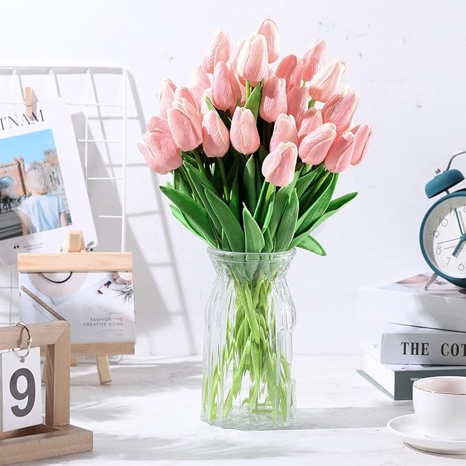 Janinka 100pcs Artificial Tulip Flowers Fake PU Tulips Faux Latex Bouquet Flower Centerpieces Arrangement Floral for Mother Day Wedding Spring Decorations (Light Pink)