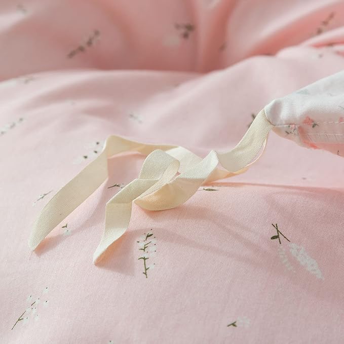 EAVD Vintage Style Garden Pink Floral Duvet Cover Queen 100% Cotton White Pink Botanical Bedding Set for Girls Women Chic Shabby Boho Botanical Floral Comforter Cover with Zipper Closure 4 Ties