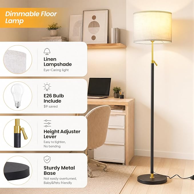Floor Lamp for Living Room and Bedroom - 55"- 67" Height Adjustable Standing Lamp with 3 Color Dimmable 12W LED Bulb and Remote - Tall Stand Light with Shade for Corner Lighting ( Black & Gold )