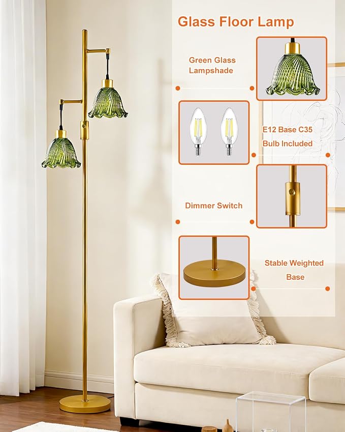 Lightdot 2- Light Gold Flower Floor Lamp for Living Room, 65IN Dimmable Floor Lamps with Green Glass Shade& Warm White Bulbs, Modern Standing Tall Lamp with 5Lbs Heavy Base for Bedroom Home Office