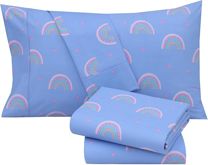 RUVANTI 100% Cotton Twin Sheets Set, 3 Pieces, Soft & Breathable Percale Weave Bedding, Deep Pocket 16", Hotel Standard, Crisp Cool Feel, Durable, Perfect Floral Bed Sheet, Baby Rainbow