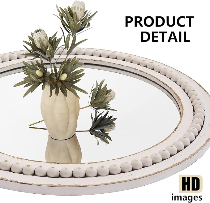 H HOMEWINS Rustic Round Mirror, 24" Wooden Circle Mirrors,Farmhouse Wall-Mounted White Beads Decor Mirror for Bedroom, Bathroom, Living Room,Vanity