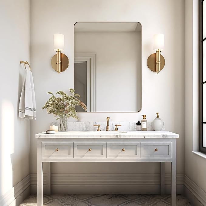 ANDY STAR Gold Bathroom Mirrors for Over Sink, 28x36 Inch Brushed Brass Wall Mirror, Rectangular Metal Framed Vanity Mirror -Modern Clean Design with Superior Stainless Steel Frame
