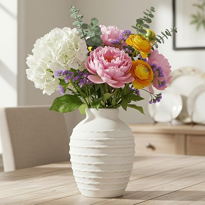 Ceramic Flower Vase 7.3 Inch Modern Farmhouse Vases Rustic Decorative Vase Home Decor Minimalist Handcrafted Pottery Terracotta Centerpiece Vases for Living Room,Bedroom,Table,Weddings,Office-White
