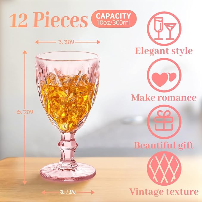 Yinder Glass Goblet Vintage Wine Goblet Embossed Glassware 10 oz Solid Color Glass Stemmed Cups for Iced Tea Beverage Soda Juice Water Liquor and Party Wedding Bars Restaurants(Pink,12 Pack)