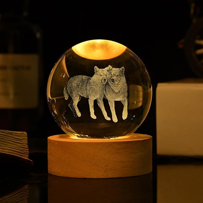 3D Wolf Crystal Ball with LED Light Base, 60mm Glass Sphere Decorative Balls, Wolf Figurine Lamp Gifts for Women Kids