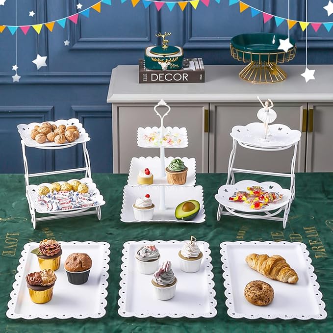 10 Pcs Cake Stand White Plastic Dessert Table Display Set 4 Pcs 3 Tired Cupcake Stand Cookie Tray Rack Serving Tray Cake Display Tower and 6 Pcs Dessert Trays for Wedding Baby Shower Tea Party (White)