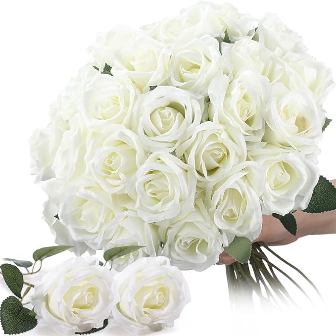 30 Pcs Rose Artificial Flowers in Bulk Real Touch Long Stem Silk Roses Bouquets Realistic Faux Flowers for Wedding Bridal Shower Home Decor Floral Arrangements Table Centerpiece(White)
