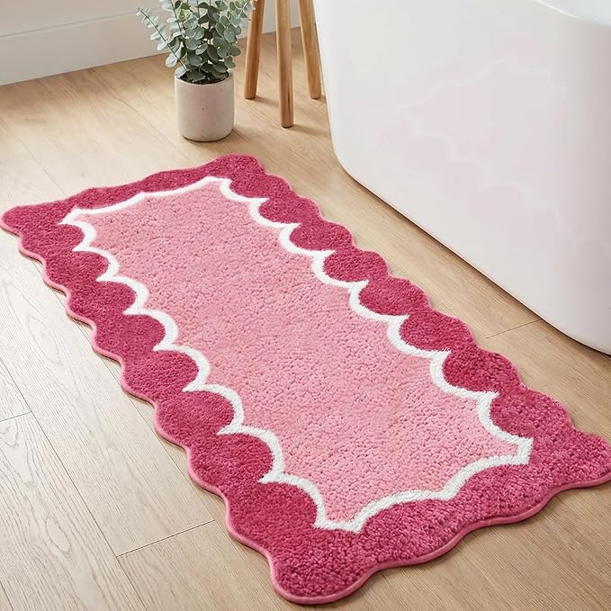Cute Scalloped Rose Pink Bathroom Rugs Mat,Non Slip Absorbent Quick Dry Runner Rug for Shower Room Bedroom,Microfiber Long Bath Mat for Bath Floor Washable Carpet for Shower Tub Sink,24"x59"