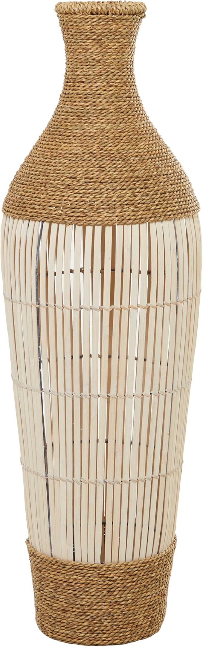 Deco 79 Seagrass Handmade Decorative Vase Wrapped Tall Floor Centerpiece Vase with Cream Slatted Bamboo Center, Vase for Home Decoration 13" x 13" x 40", Brown