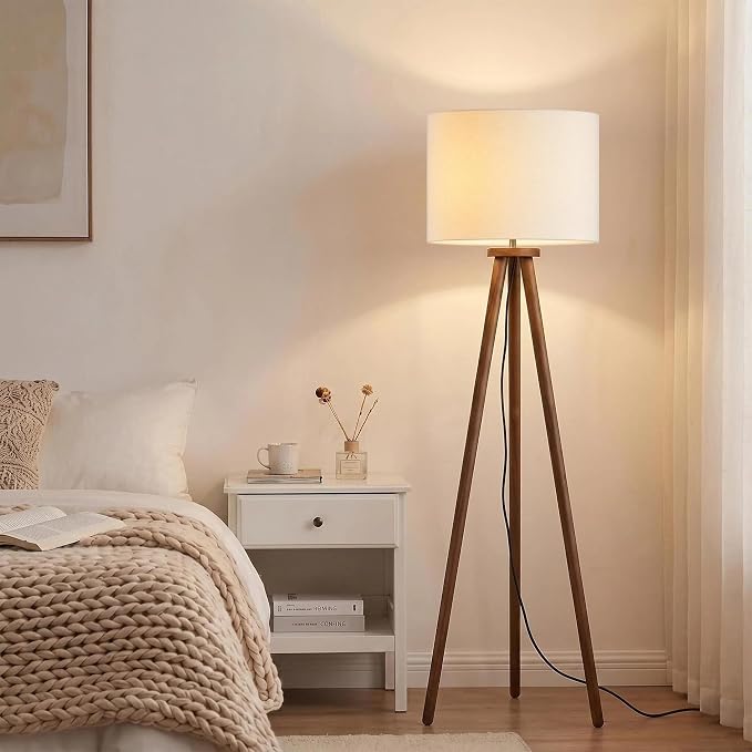 Buruis 60.6" Solid Wood Tripod Floor Lamp with 15.7" Large Linen Shade, Mid-Century Walnut Finish Standing Lamp for Living Room, Bedroom, Office, Corner, UL Listed, Bulb Not Included, Beige
