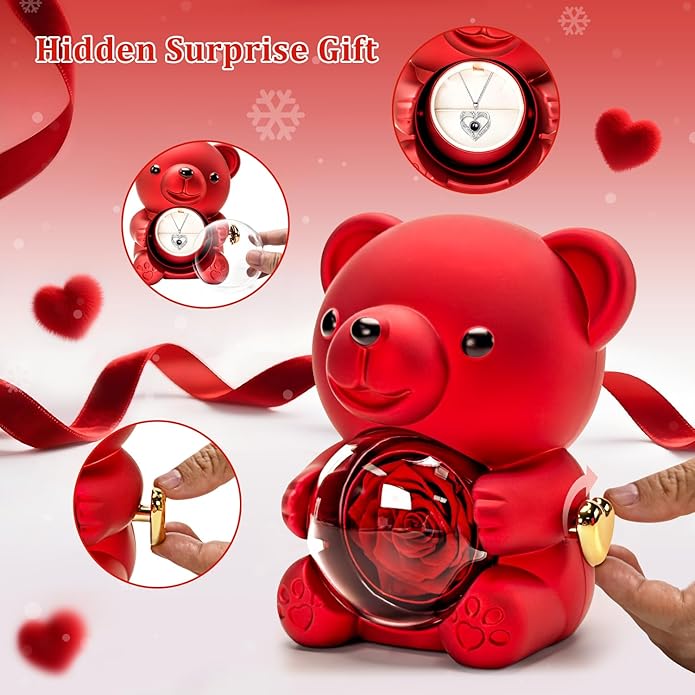 HITOP Rose Gifts for Women - Cute Teddy Bear with Preserved Real Roses Forever Flowers and I Love You in 100 Languages Necklace for Girlfriend Her Wife Mom Grandma on Birthdays, Anniversaries