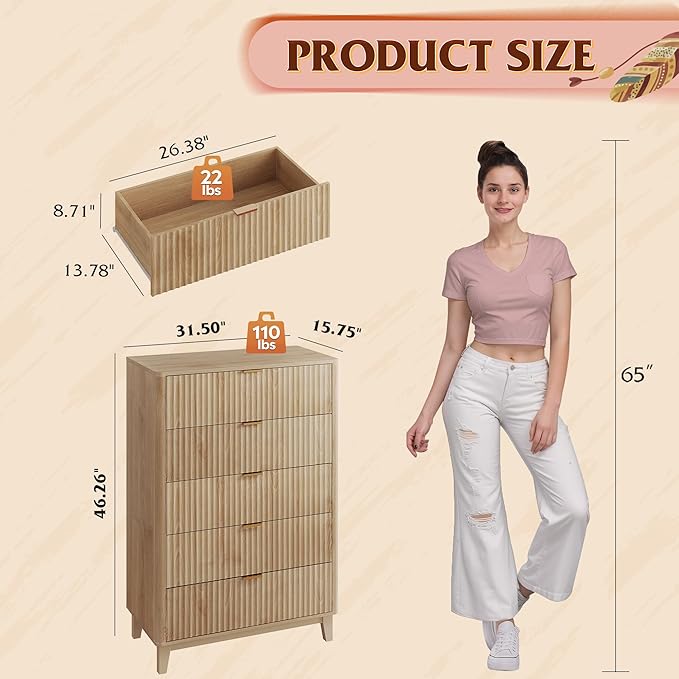 WLIVE Fluted Dresser for Bedroom with 5 Drawers, 46.26" Tall Wooden Dresser with Golden Metal Handles, Mid Century Modern Chest of Drawers for Living Room, Hallway, Closet, Natural Oak