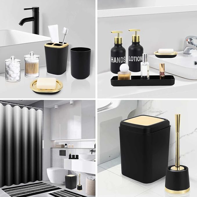 XLHOMO 25PCS Black Bathroom Accessories Sets Complete, with Shower Curtain, Rugs, Trash Can and Toilet Brush, Soap Dispenser, Toothbrush Holder and Cup, Soap Dish, Qtip Holder, Bathroom Decor Sets