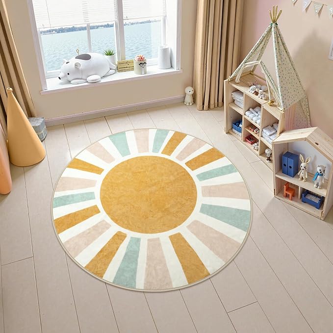 LIVEBOX Retro Sun Round Rug 4ft Boho Rug for Nursery Room,Non-Slip Circle Ultra Soft Cute Colorful Kids Rugs for Bedroom,Washable Throw Area Rugs Carpet for Living Room Indoor Office