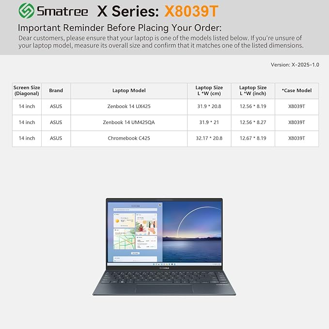 Smatree Hard EVA Protective Sleeve Compatible for 14 inch ASUS Chromebook Plus C425, for Zenbook 14 UM425QA/UX425, Waterproof and Anti-Shock Sleeve Case (X8039T)