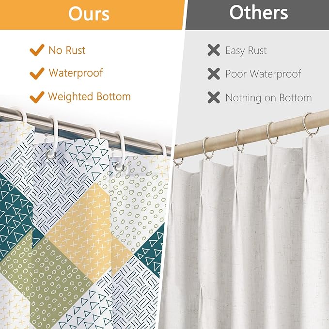 Boho Green and Yellow Shower Curtain, Modern Chic Abstract Geometric Striped Pattern Bathroom Curtains, Minimalist Hotel Style Polyester Shower Curtain, Waterproof Fabric with Hooks, 72" W x 72" L