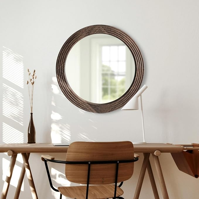 LOSOUR Round Mirror, Farmhouse Decor Solid Wood Frame Wall Circle Mirror, Decorative Mirrors for Bathroom Over Sink, Living Room, Entryway,Bedroom, Entryway, Hallway,Foyer (1, Coffee, 24" L x 24" W)