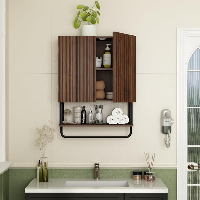 RUSTOWN Fluted Bathroom Wall Cabinet with 2 Doors, 3-Tier Modern Farmhouse Medicine Cabinet, Over The Toilet Storage Cabinet with Adjustable Shelf and Towel Bar (Dark Walnut, Medium)