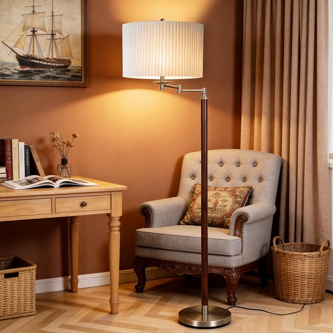 Traditional 350° Adjustable Swing Arm Farmhouse Floor Lamp for Bedroom, Modern Floor Lamps with Pleated Shade for Living Room, Rustic Standing Lamp Pole Lamps for Reading and Office
