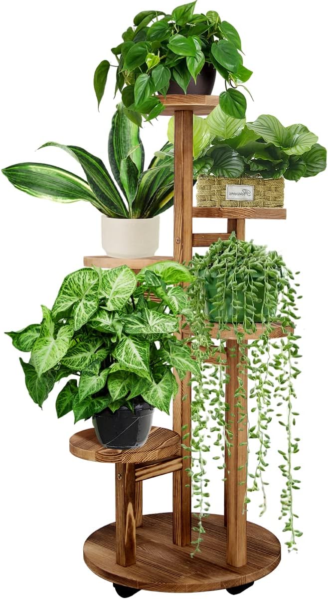 GEEBOBO 5 Tiered Tall Plant Stand for Indoor, Wood Plant Shelf Corner Display Rack, Multi-tier Planter Pot Holder Flower Stand for Living Room Balcony Garden Patio (Brown)