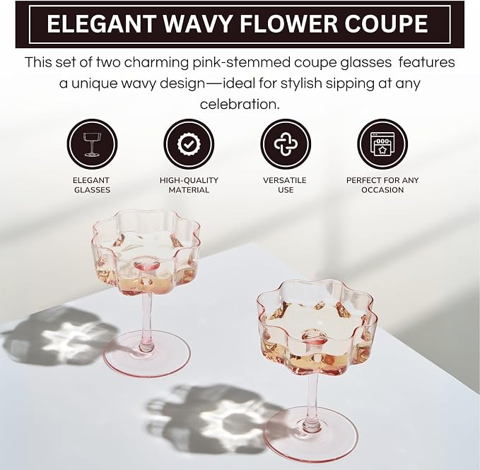 Khen Flower Vintage Wavy Petals Wave Glass Coupes 7oz Colorful Martini, Champagne & Cocktails - 2 Set - Rippled & Champagne Glasses, Bar Glassware Copyright Design (Pink)