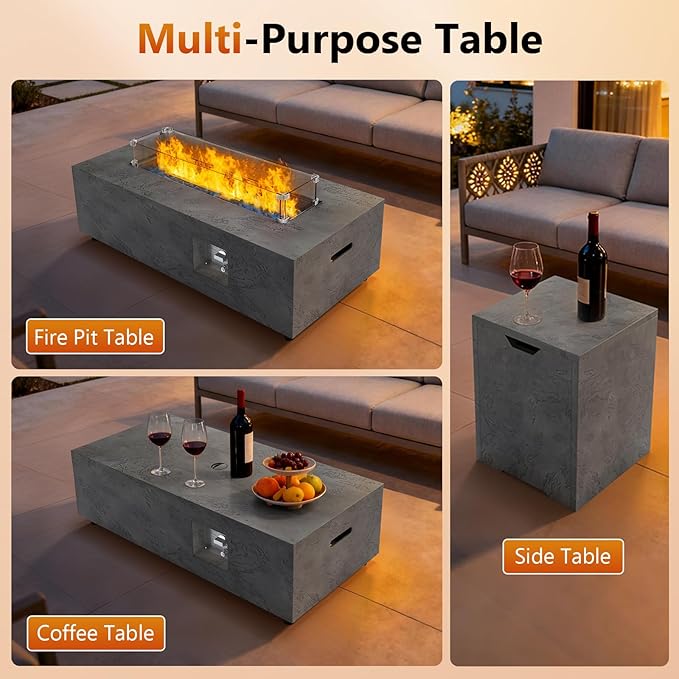 2-Piece 42" Rectangular Propane Fire Pit for Outside Patio with Hidden Tank Table, 50,000 BTU Fireplaces with Glass Wind Guard, Lid, Glass Rocks, Cover(Grey Rock Veins)