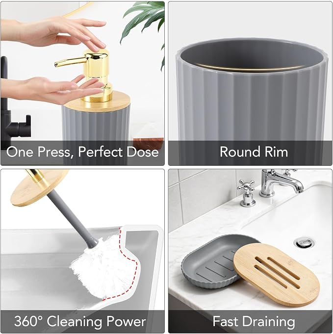 Bathroom Accessories Set, 25PCS Wicker Bathroom Accessory Set with Shower Curtain, Bath Mat, Soap Dispenser, Handwoven Trash Can & Rattan Tissue Box (Grey, Bath Set+Shower Curtain+Rugs)