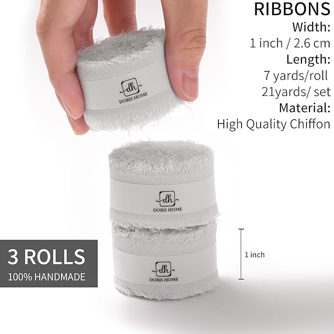 DORIS HOME Light Gray Chiffon Ribbon for Flower Bouquet, 1" x21Yd Fabric Ribbon for Gift Wrapping, Handmade Frayed Ribbon for Wedding Invitations/Christmas Decorations