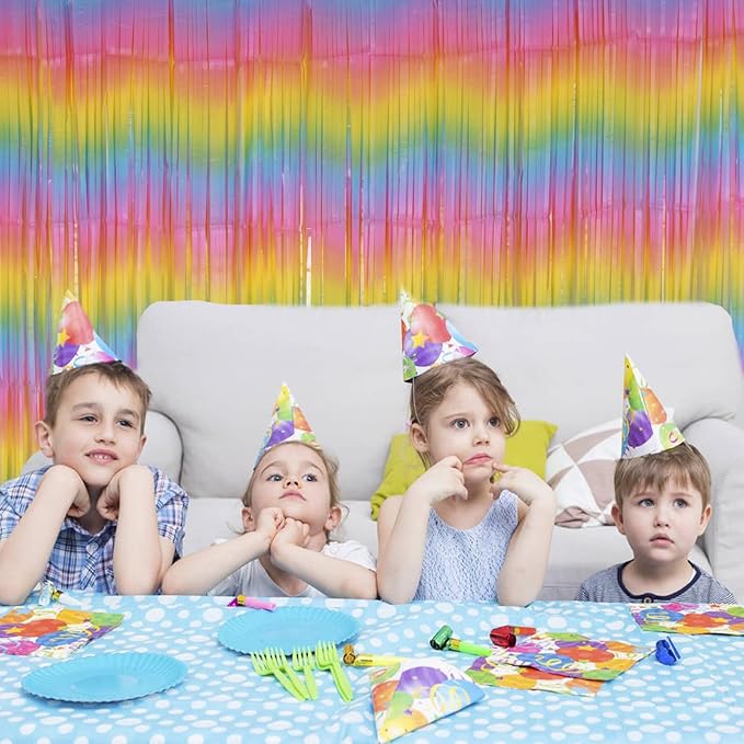 Pastel Rainbow Foil Fringe Curtains, 2Pcs 3.2x8.2ft Metallic Tinsel Foil Streamers Colourful Photo Booths Props Backdrop for Easter Princess Birthday Wedding Engagement Party Decorations