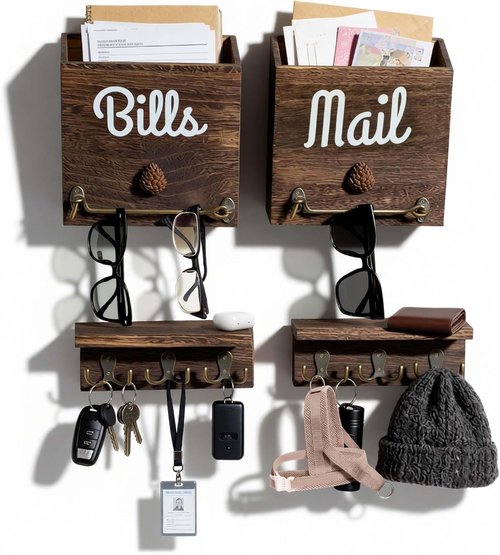 eBun Magnetic Mail Organizer - 2-Pack Solid Wood Wall Mount with 12 Hooks for Easy Entryway Storage