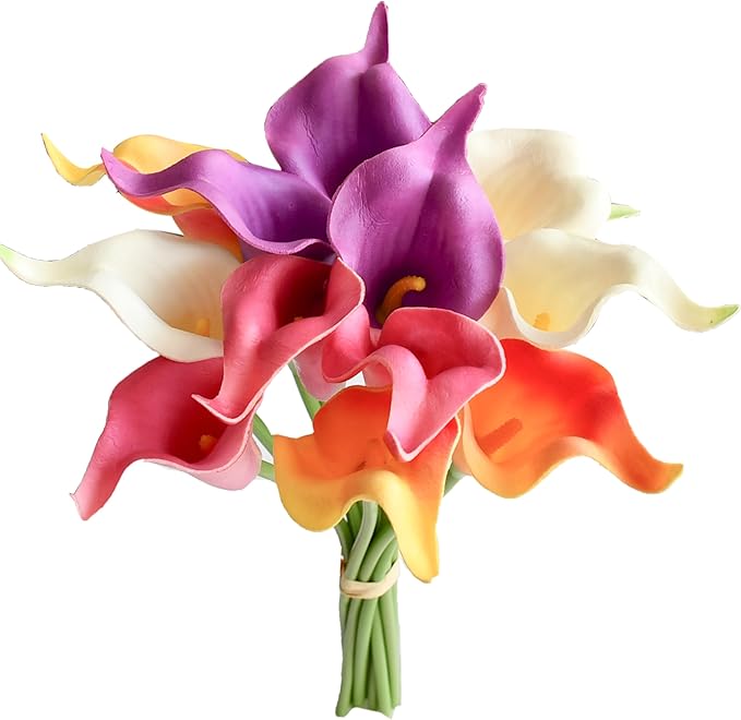 Mandy's PU Colorful Calla Lily Artificial Flowers 12 Stems 13.5in Faux Realistic Centerpiece for Thanksgiving and Christmas Decorations DIY Bridal Bouquet Home Décor