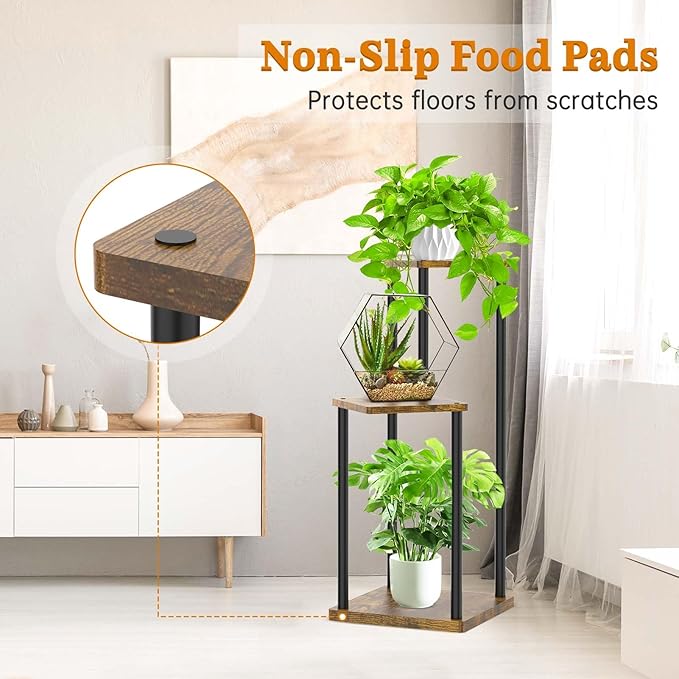 Oppro 3 Tier Corner Plant Stand Indoor, Metal Wood Flower Pot Holder Shelf, Multiple Display Rack Square Table for Living Room Bedroom Orchid Outdoor Balcony Garden Patio, Modern Black & Rustic Brown