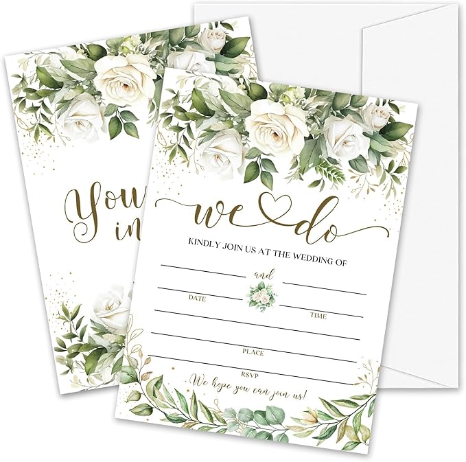 Greenery Floral Wedding Invitations, 5"x 7" Eucalyptus Leaves Wedding Invites Cards With Envelopes, 25 PCS for Party Decorations and Supplies - A02