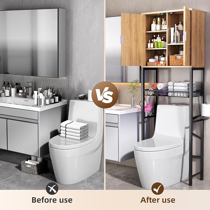 Kalrin Over The Toilet Storage Cabinet with Fluted Wave Doors and Adjustable Shelf, Wood Over Toilet Storage Rack with Drain Basket, Freestanding Bathroom Organizer for Balcony Laundry, Wood & Black