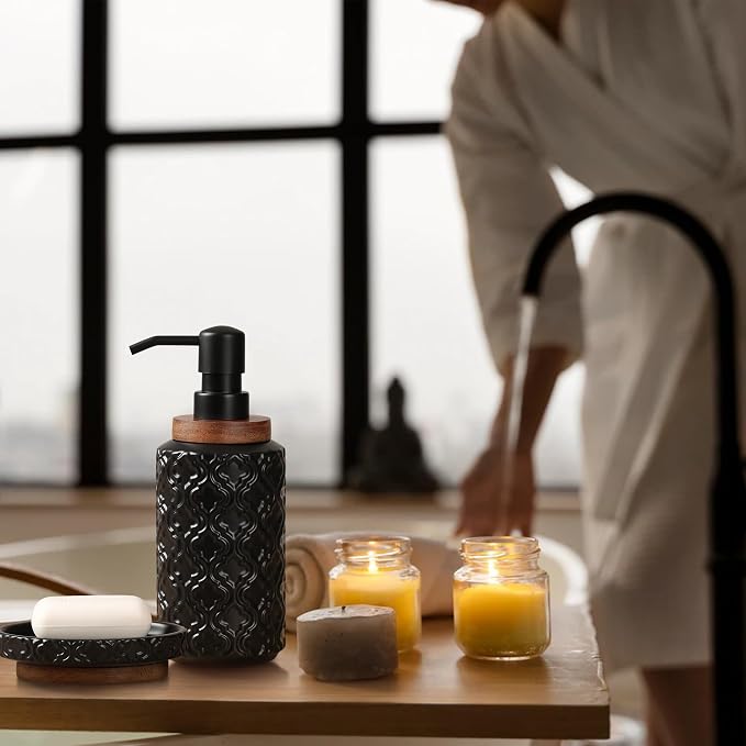 RQYIXI Elegant 4 PCS Ceramic&Wood Bathroom Accessories Set:Soap Dispenser,Toothbrush Holder,Tumbler,Soap Dish,Easy to Clean,Quatrefoil Pattern,Black-Affordable Luxury for Home Decor Enthusiasts
