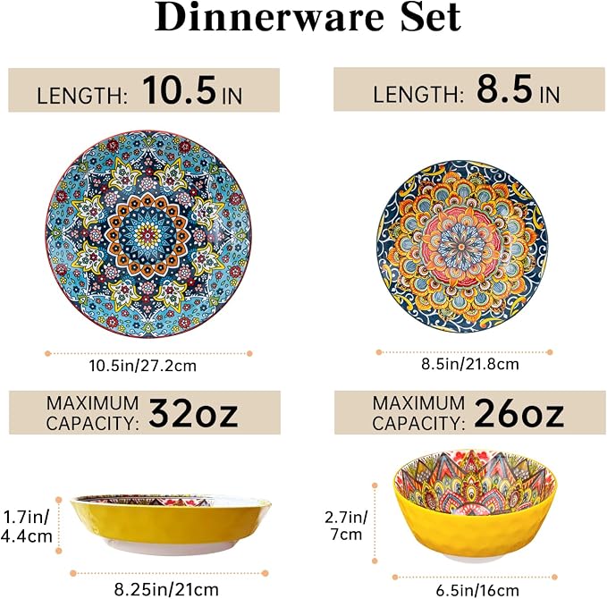24 Pieces Dinnerware Sets, Ceramic Plates and Bowls Set, Microwave and Dishwasher Safe, Scratch Resistant, Bohemian Style Dishware Set, Service for 6