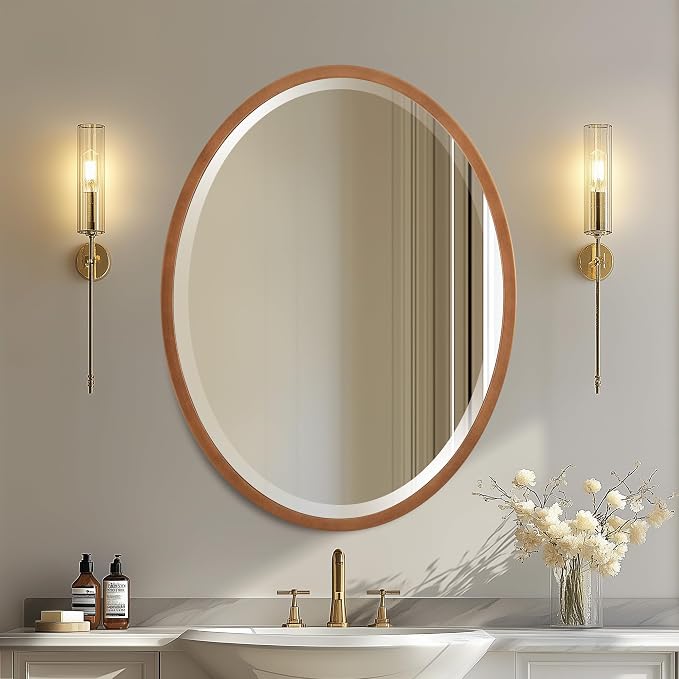 OVALCREST - Oval Wooden Beveled Wall Mirror for Home Decor, Bathroom, Vanity, Bedroom, Living Room, Hallway - London Style (Sunset Gold) 37.1 x 25.1