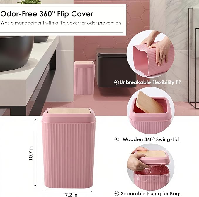 Pink Bathroom Accessories Set, 10 Pieces Bamboo Bathroom Set with Trash Can, Tray, Soap Dispenser, Soap Dish, Toothbrush Holder, Toothbrush Cup, Tissue Holder, Toilet Brush and Qtip Holders