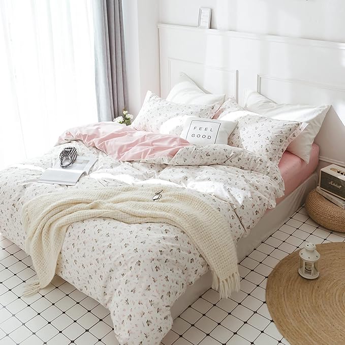 HighBuy Girl Floral Duvet Cover Queen Cotton Pink Flower Coquette Bedding Comforter Covers Queen Bedding Set Pink White Lightweight Soft for Girls Garden Style Duvet Cover for Children